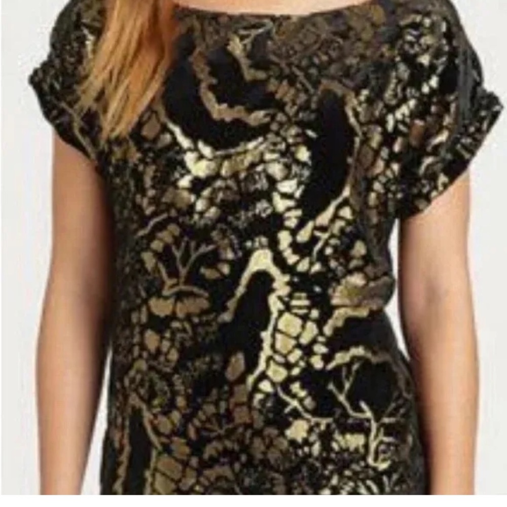 Alice + Olivia Caci Black Velvet and Gold Metallic Foil Burnout Blouse Sz XS